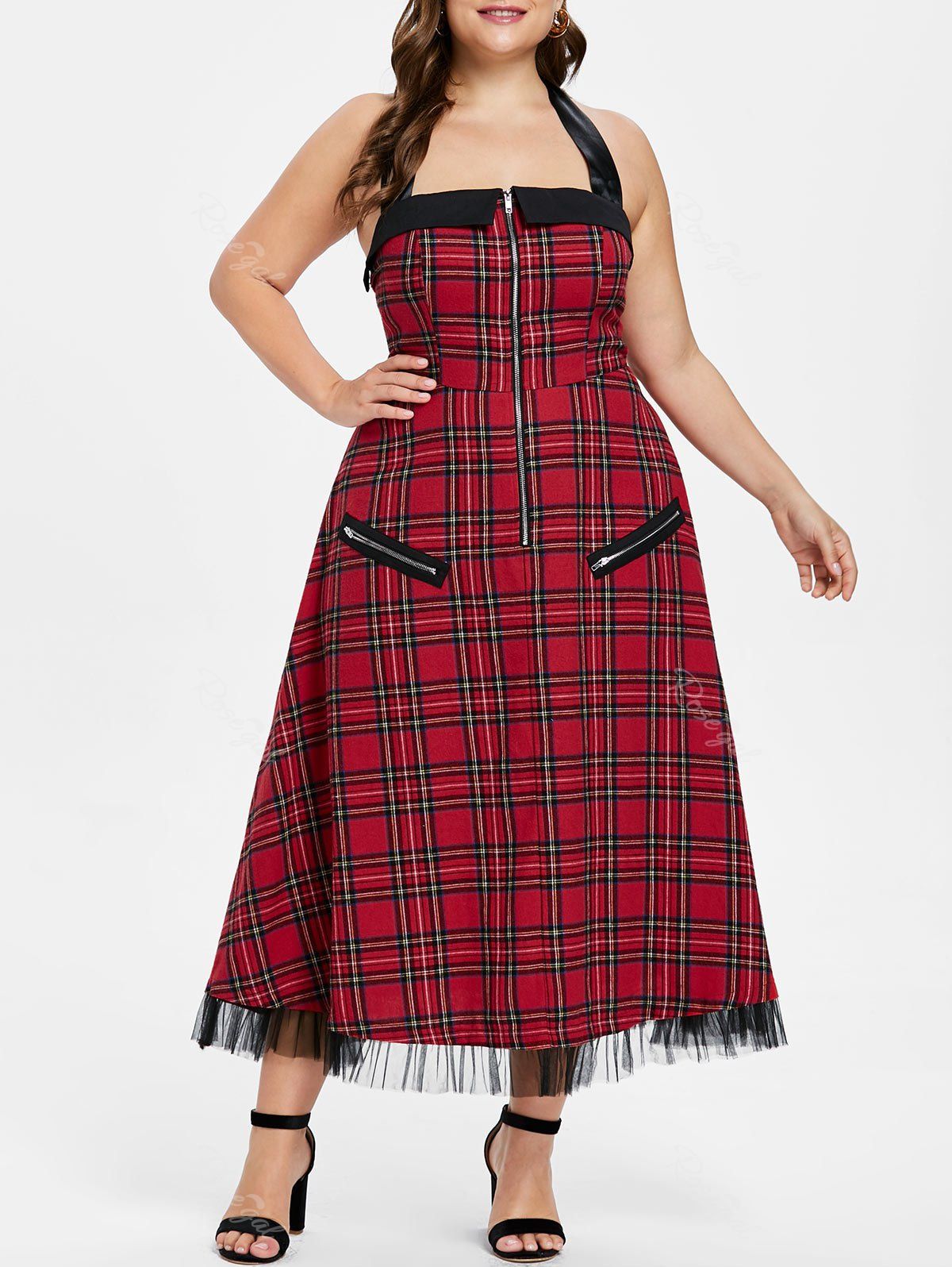 2019 plus size retro halter plaid swing dress