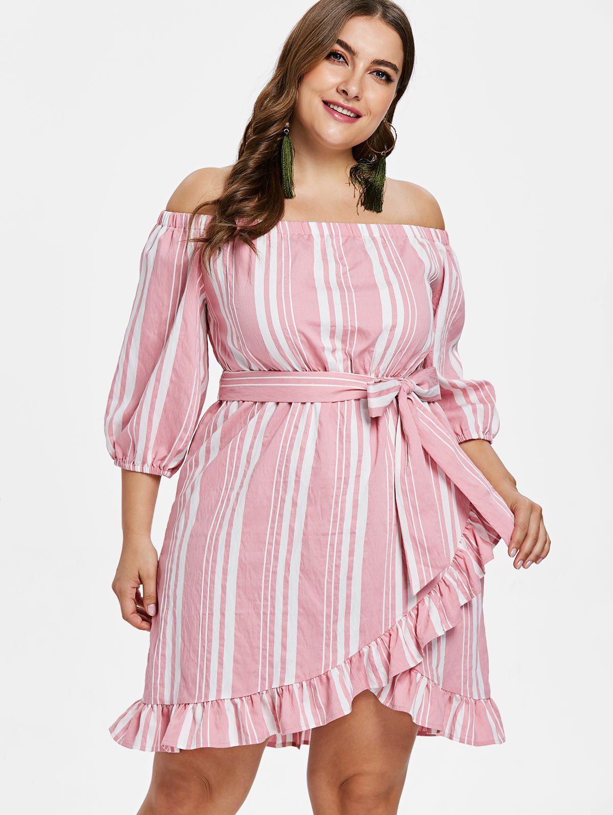 

Plus Size Off Shoulder Striped Dress, Pink