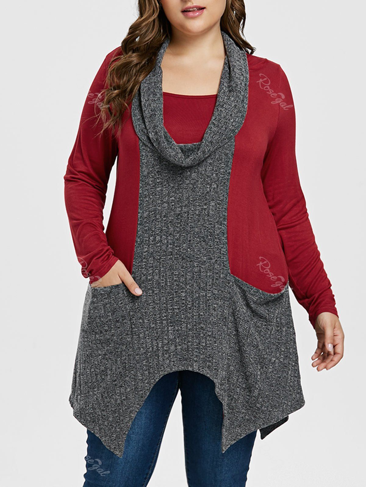 

Plus Size Cowl Neck Handkerchief T-shirt, Red wine