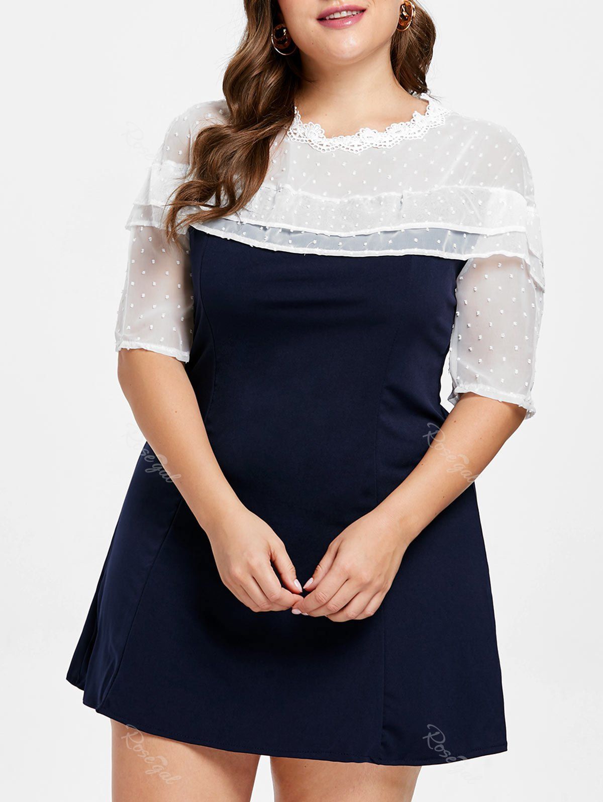 

Layered Detail Plus Size Lace Panel Mini Dress, Deep blue