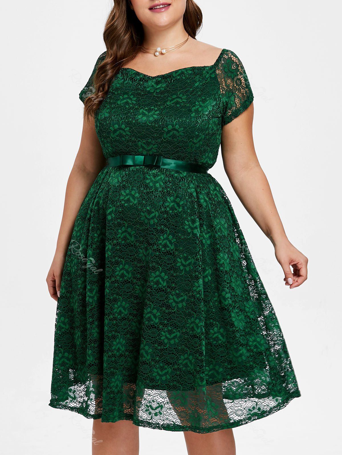 

Sweetheart Neck Plus Size Lace A Line Dress, Green