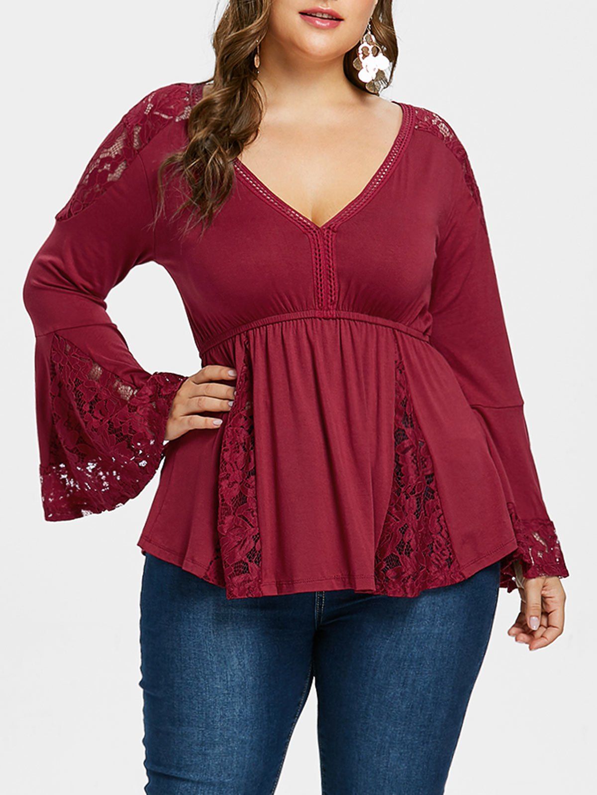  38 OFF Plus Size Lace Empire Waist Blouse Rosegal