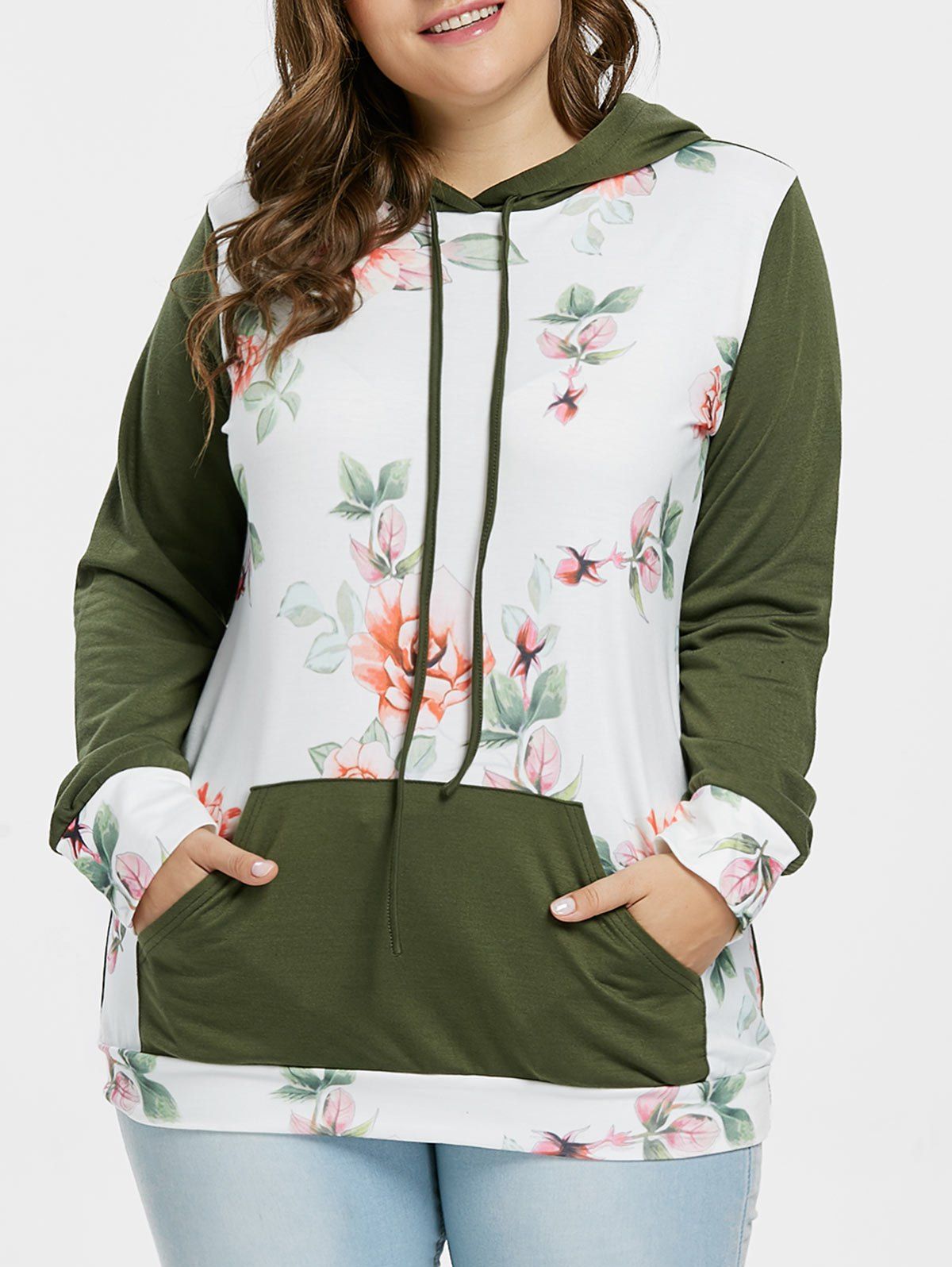 

Plus Size Kangaroo Pocket Floral Hoodie, Fern green