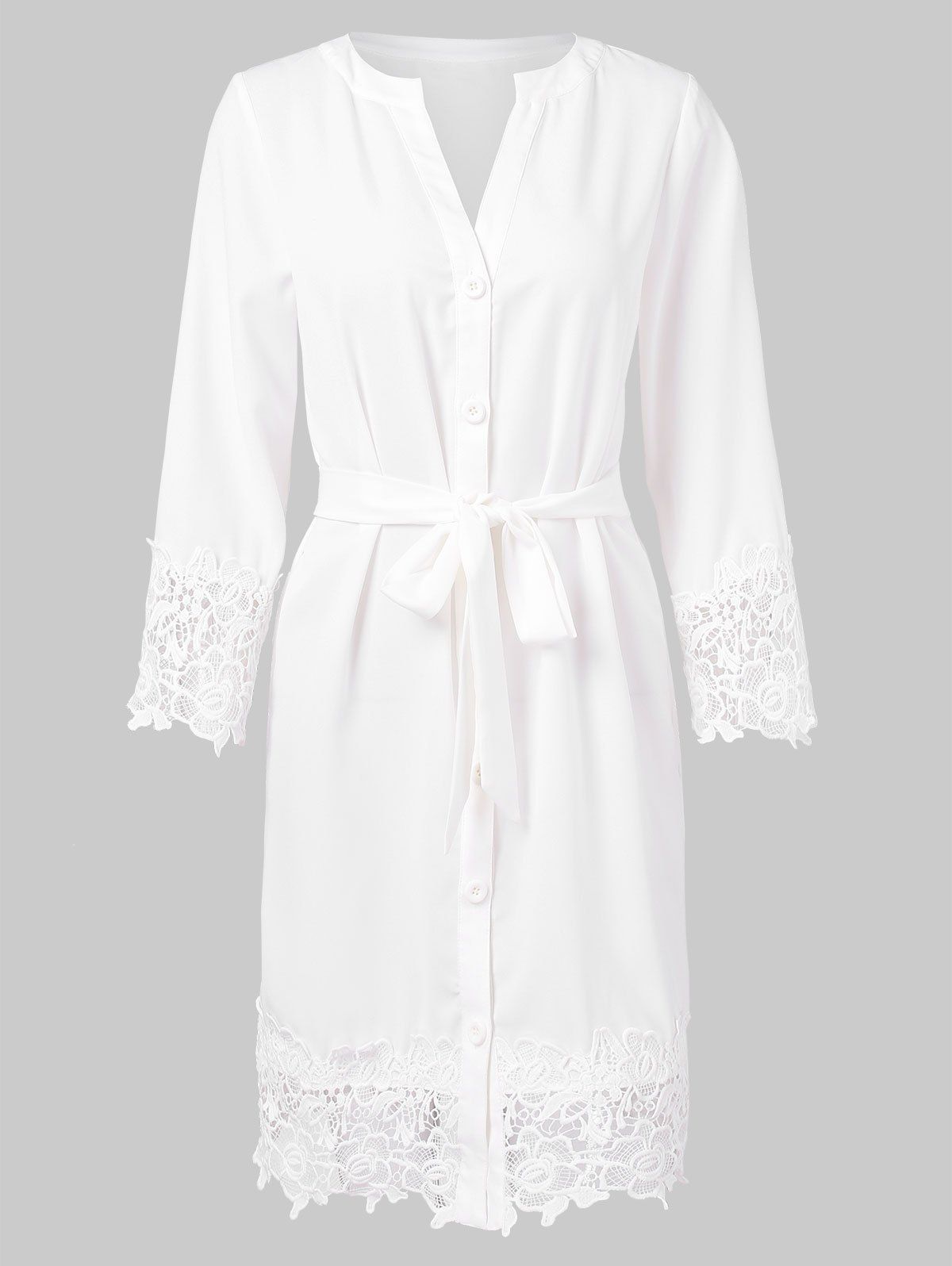 

Lace Trim Full Sleeve Button Up Dress, White