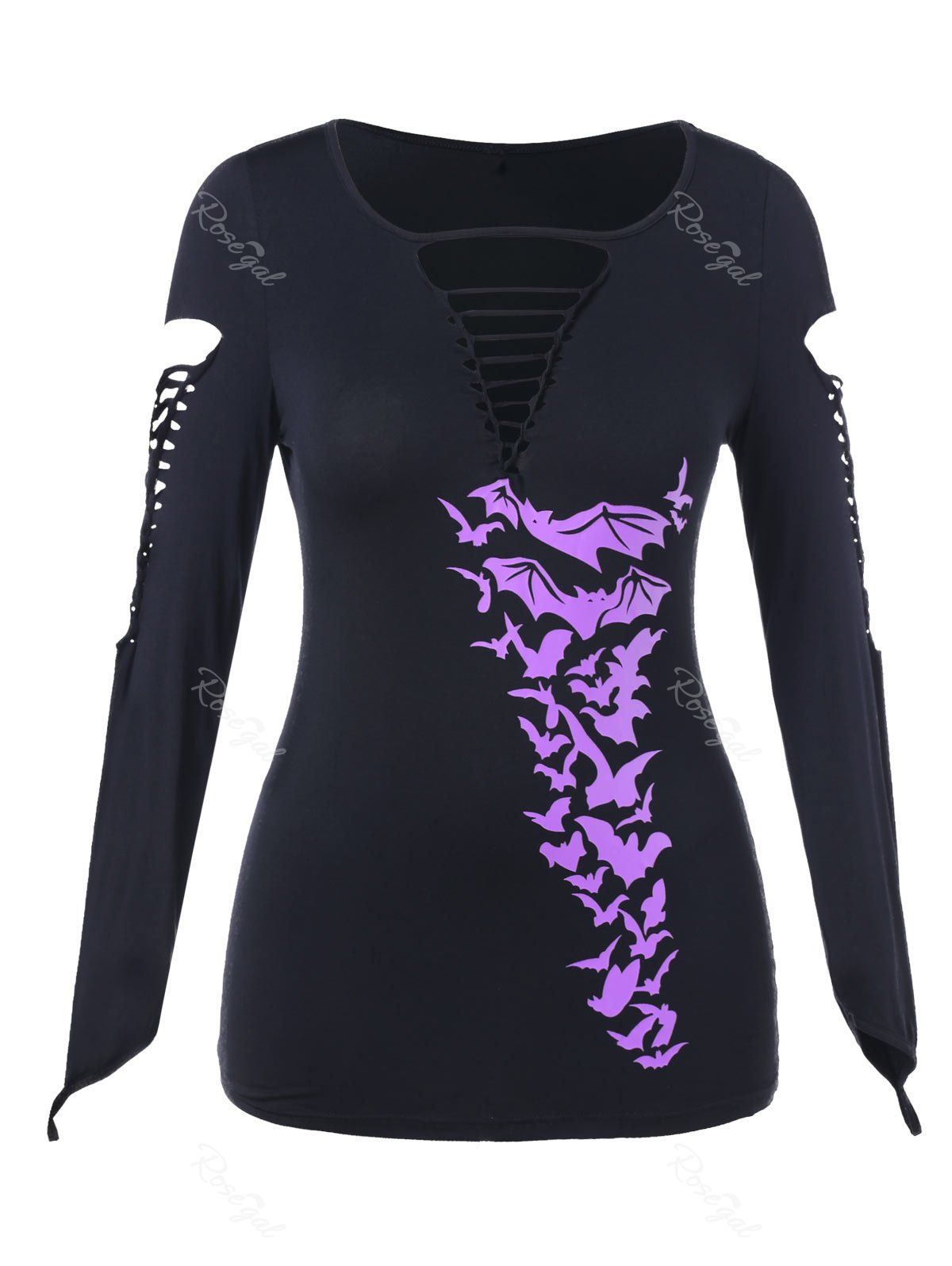 

Plus Size Halloween Bat Print Cut Out T Shirt, Black