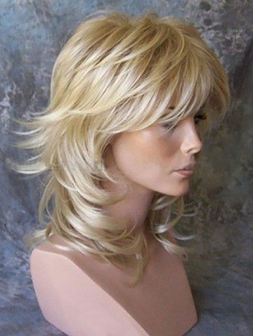 

Medium Side Bang Layered Slightly Curly Synthetic Wig, Blonde