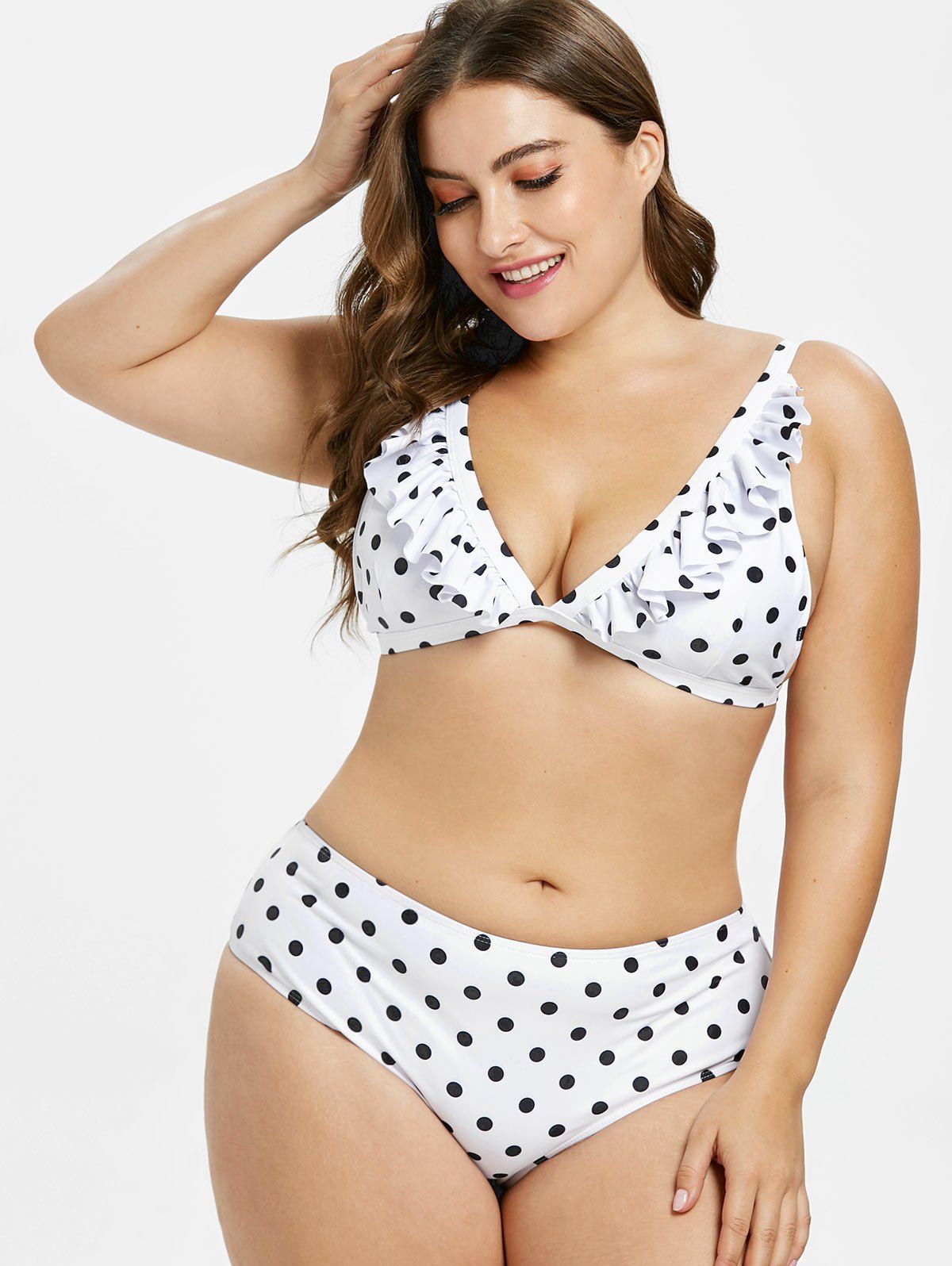 

Plus Size Polka Dot Spaghetti Strap Bikini Set, White