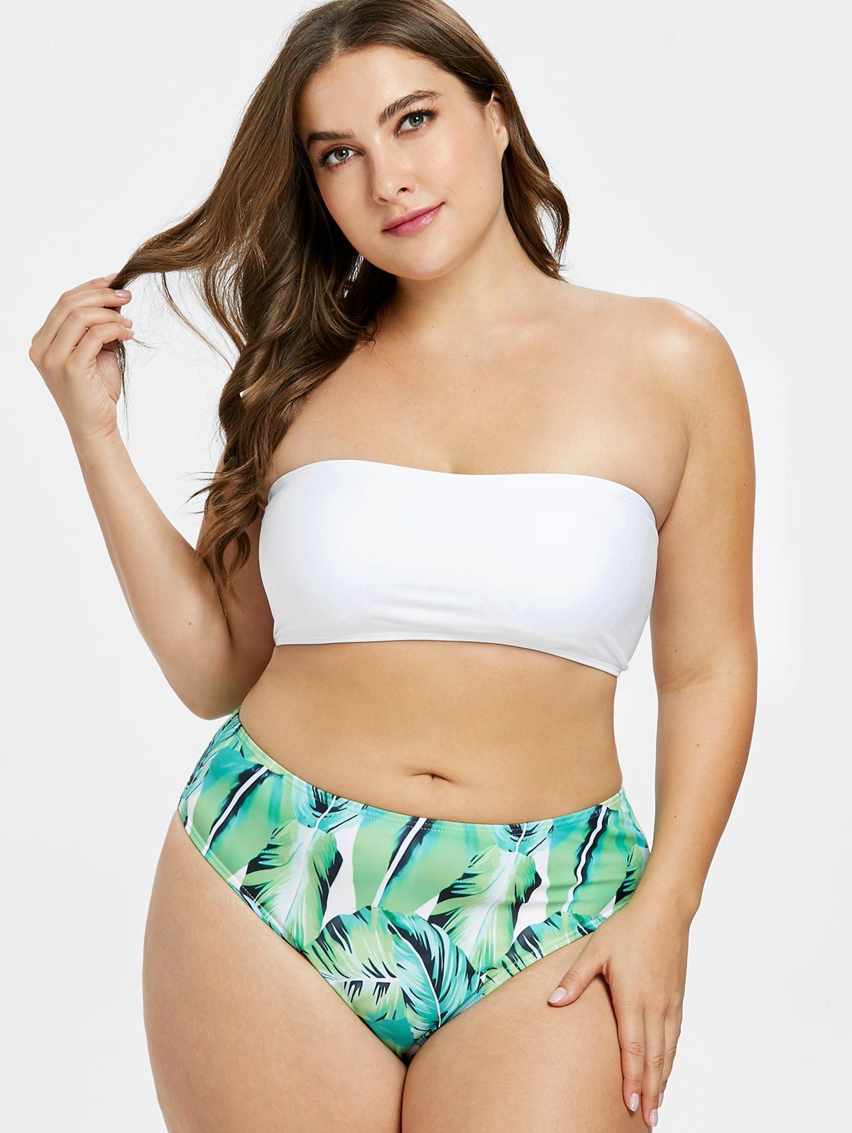 

Plus Size Palm Leaf Bandeau Bikini Set, White