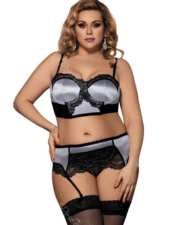 

Plus Size Lace Panel Padded Bra Set, Silver