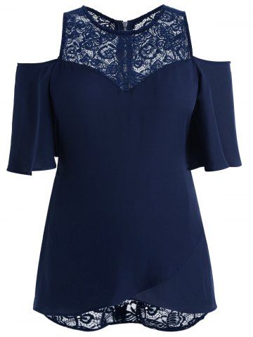 

Plus Size Lace Cold Shoulder Overlap Blouse, Deep blue