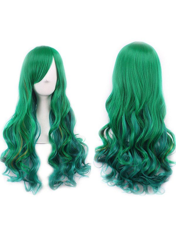 

Long Side Bang Colormix Wavy Party Cosplay Synthetic Wig, Pine green