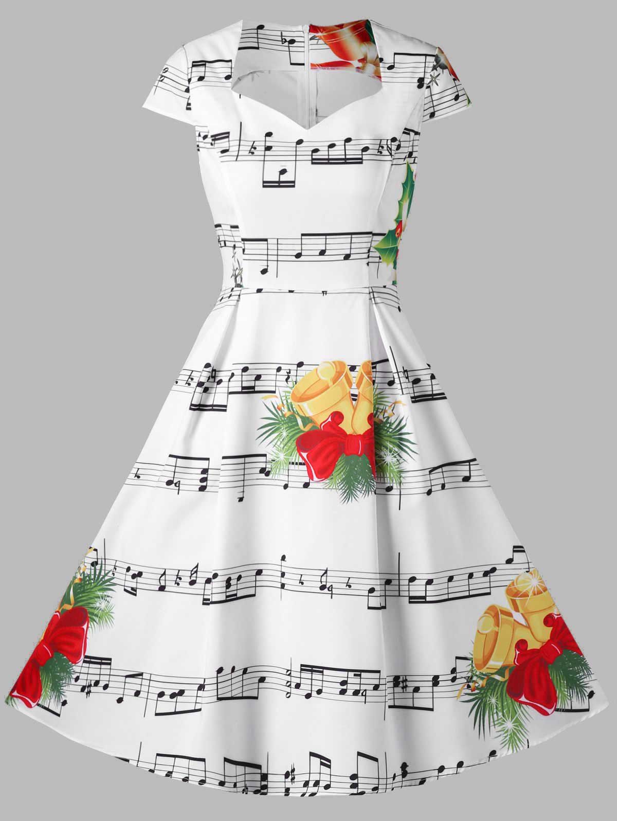 

Christmas Music Note and Bell Print Dress, White