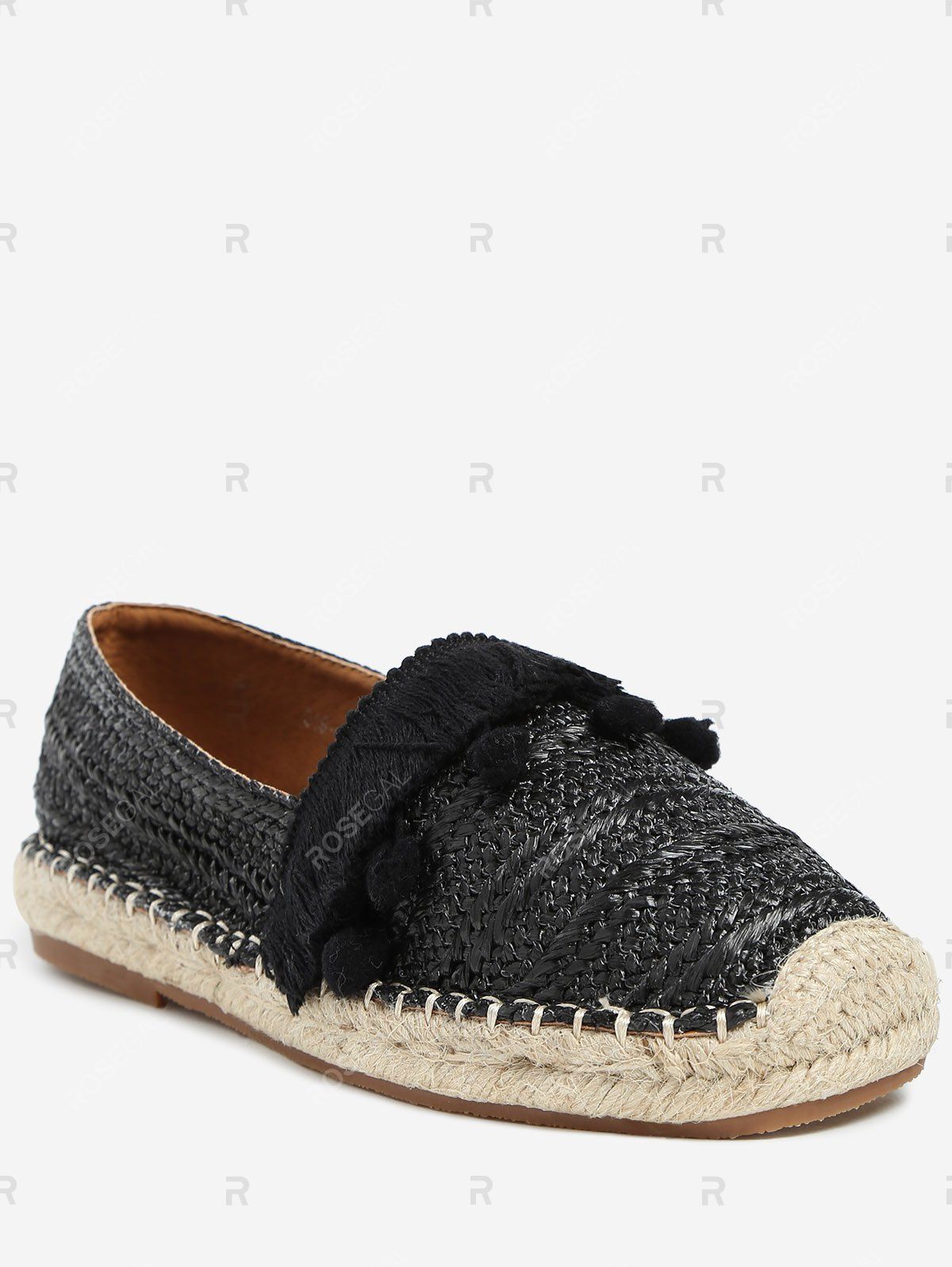 

Pom Pom Tassel Espadrilles Slip On Flats, Black