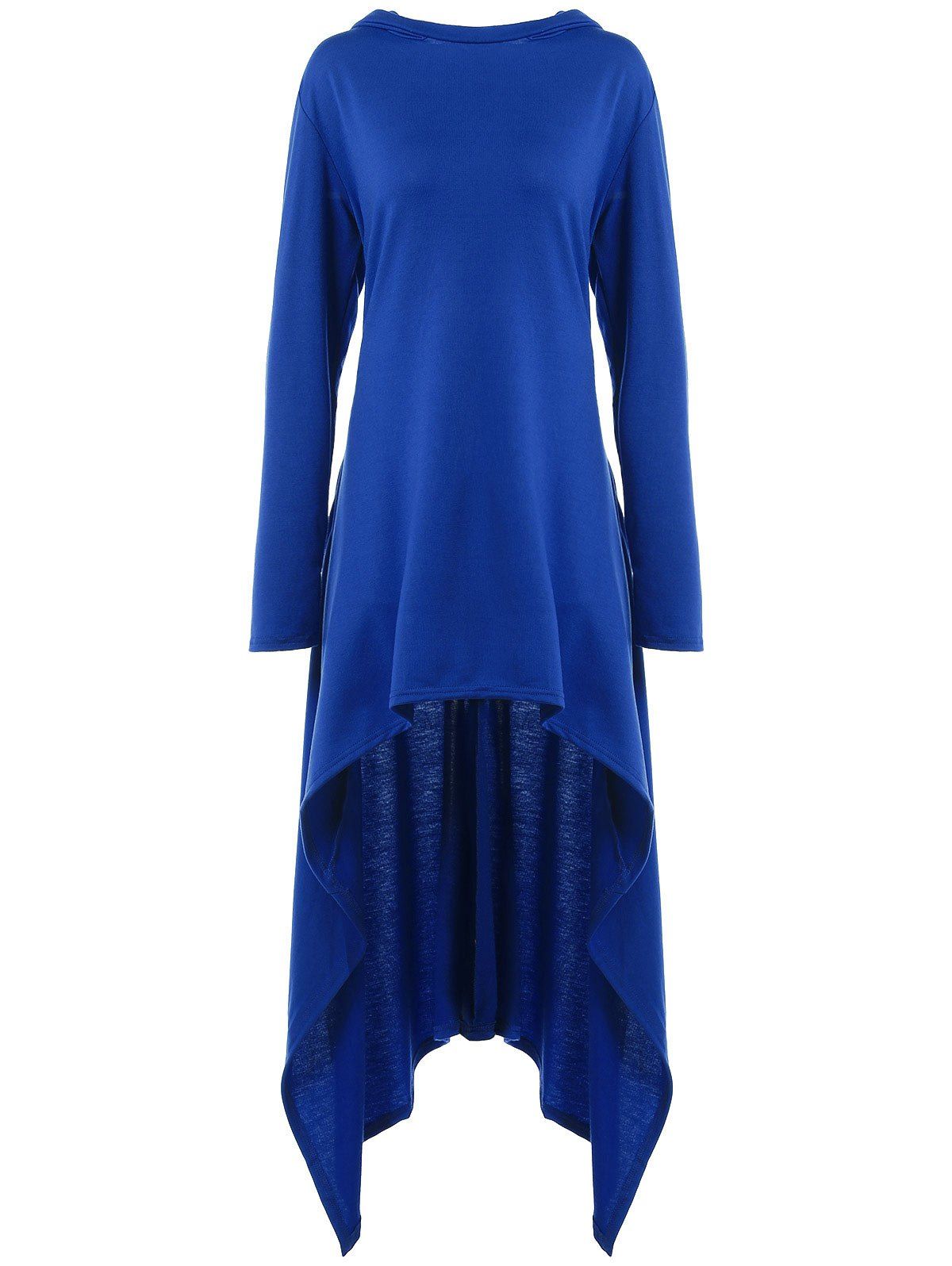 

High Low Hooded Dress with Long Sleeves, Blue
