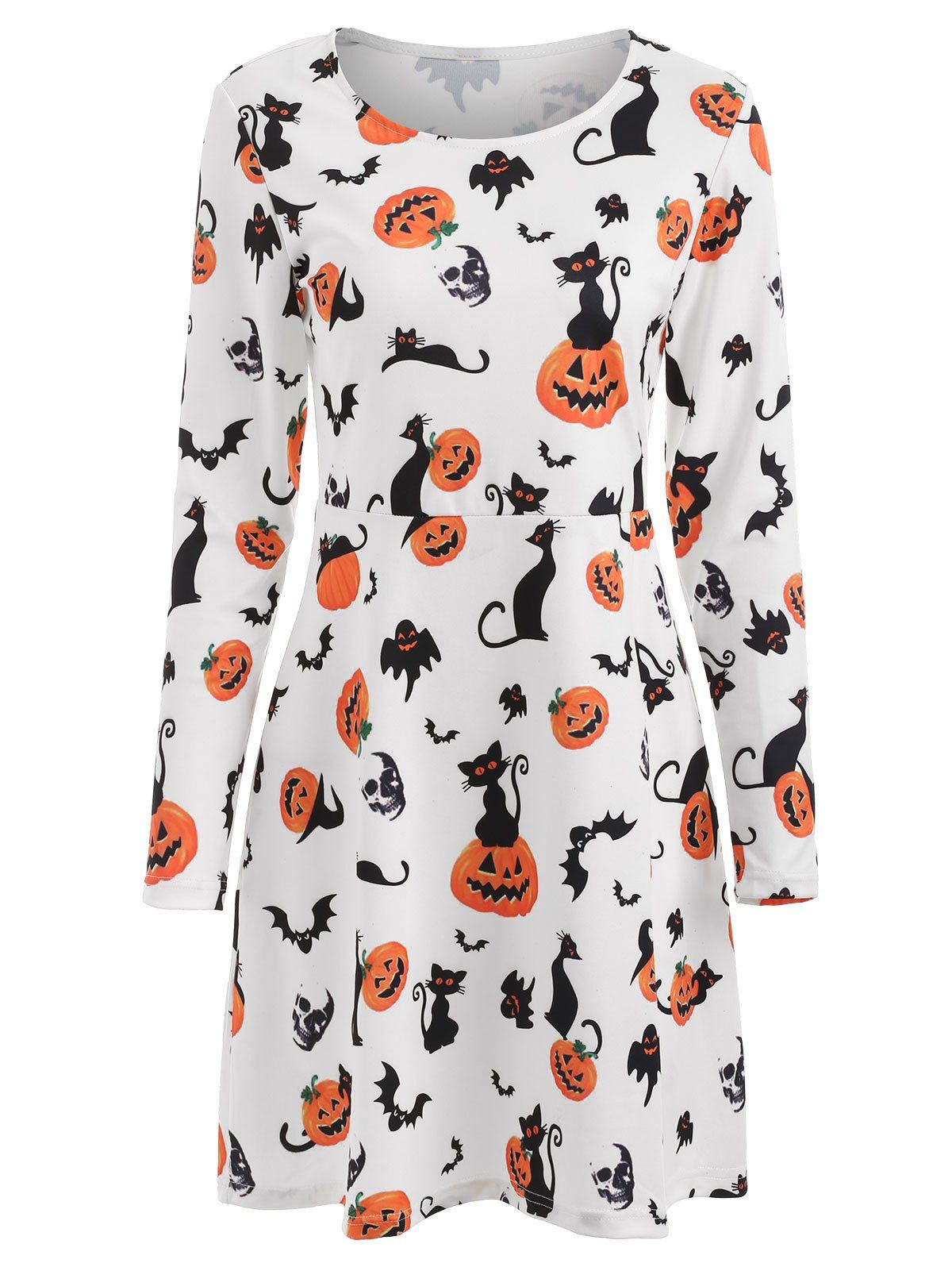 

Halloween Pumpkins Print Flare Dress, Milk white