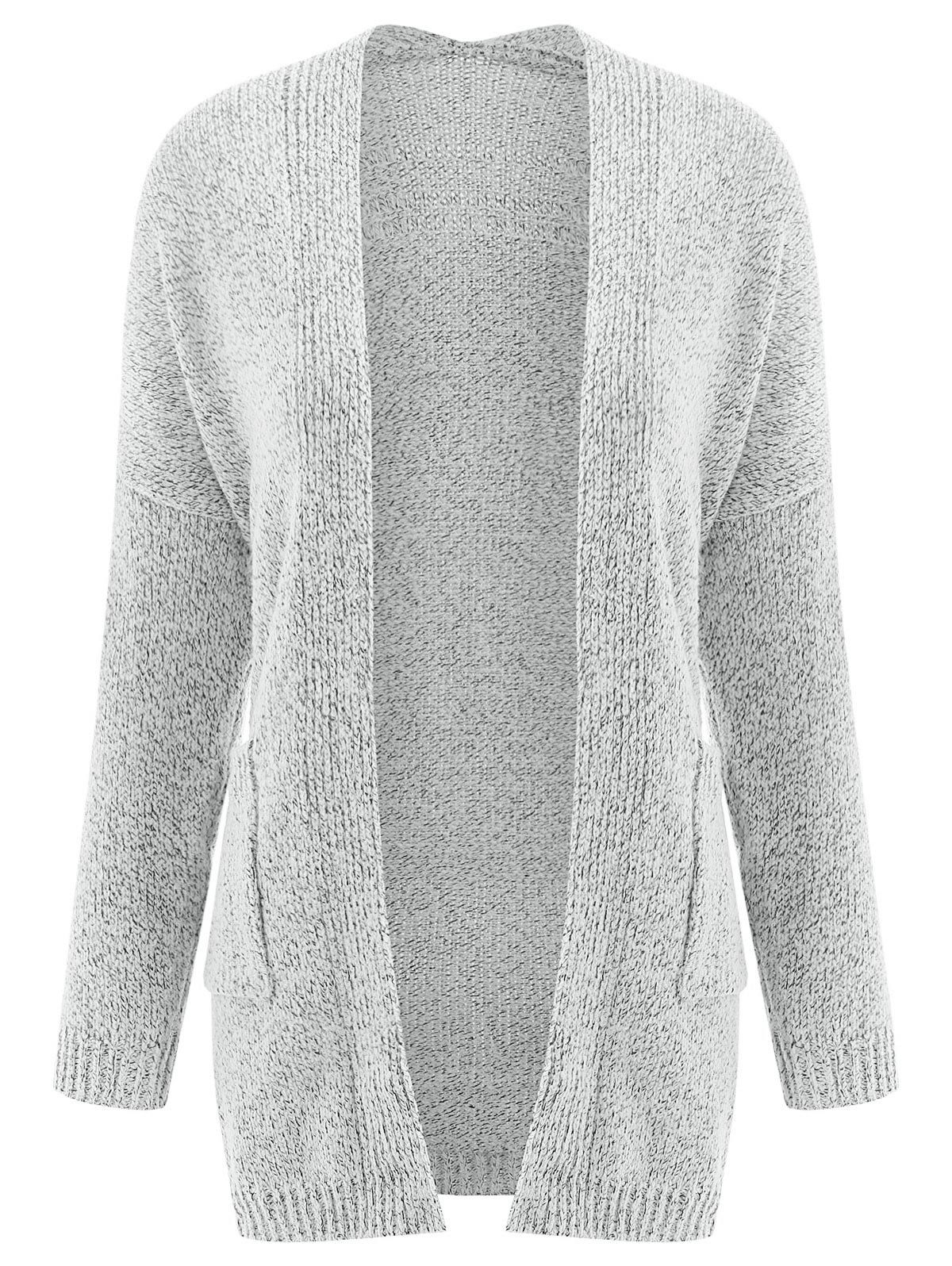 

Collarless Long Sleeve Pocket Design Knit Cardigan, Gray