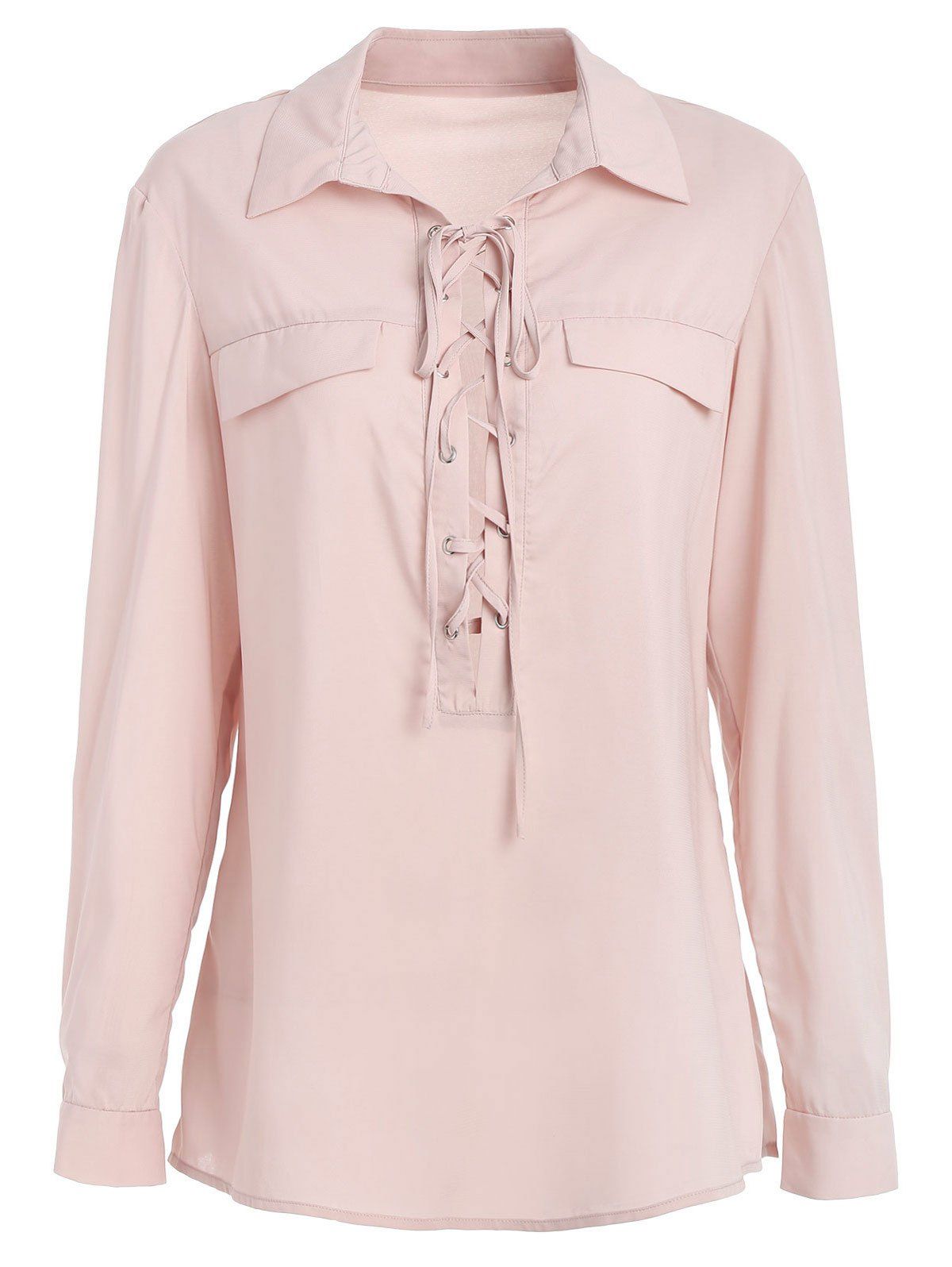 

Criss Cross Plunging Neckline Full Sleeve Shirt, Light pink