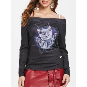

Halloween Cat Print Open Shoulder Ribbed T-shirt, Black
