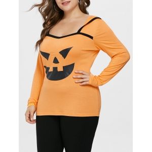 

Plus Size Halloween Pumpkin Lamp Hooded T-shirt, Orange