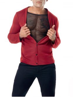Solid V Neckline Mesh Lining Cardigan Sweater - RED - L