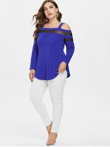 

Mesh Panel Plus Size Square Neck T-shirt, Cobalt blue