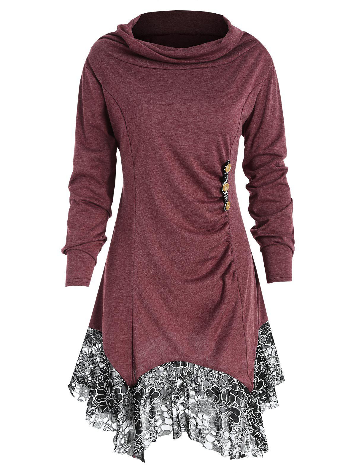 

Full Sleeve Heap Collar Skirted T-shirt, Red wine