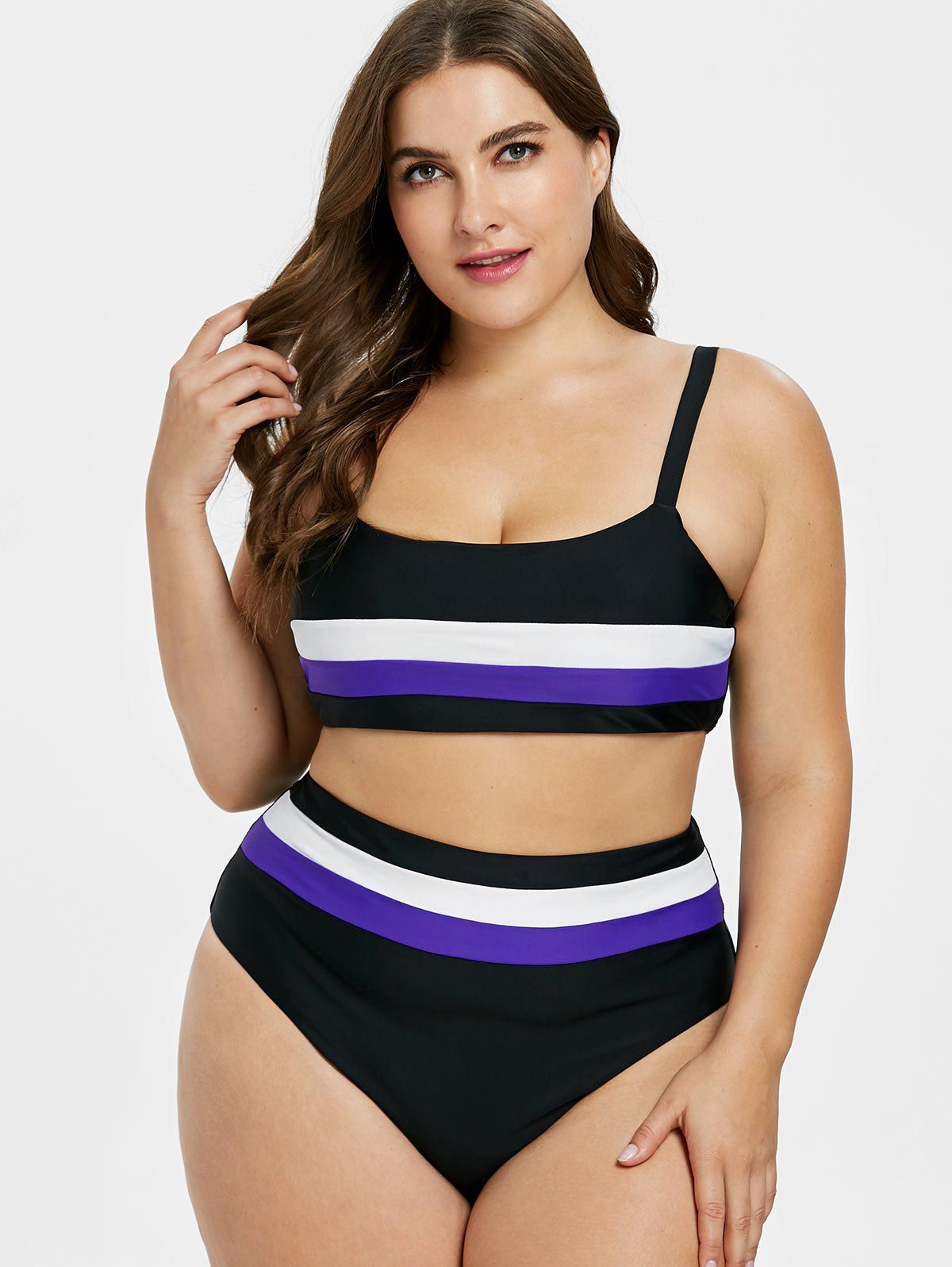 

Plus Size High Waisted Striped Bikini, Black