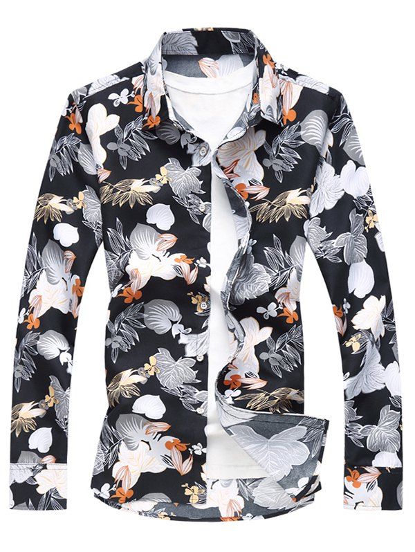 

Hawaiian Flower Print Long Sleeve Shirt, Black