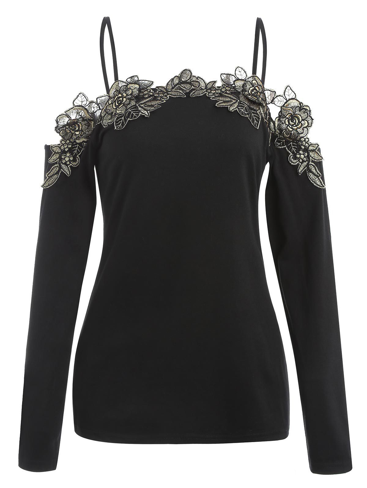 

Lace Applique Cold Shoulder Full Sleeve T-shirt, Black