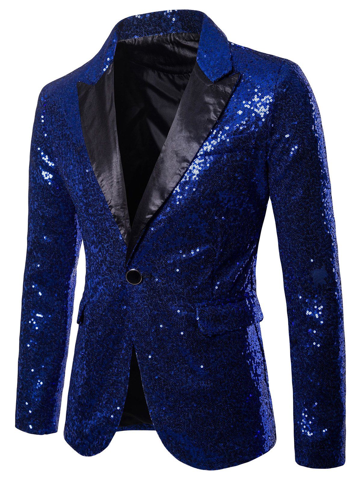 

Custom One Button Pockets Sequin Blazer, Blue