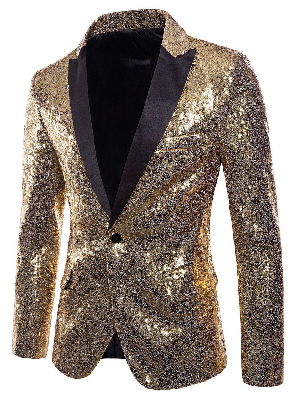 

Custom One Button Pockets Sequin Blazer, Gold