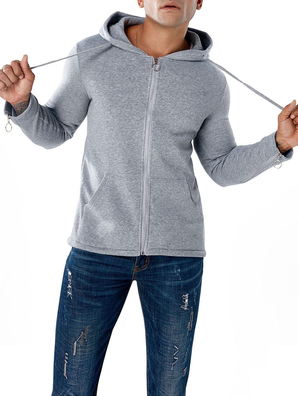 

Split Back Hem Casual Zipper Hoodie, Gray