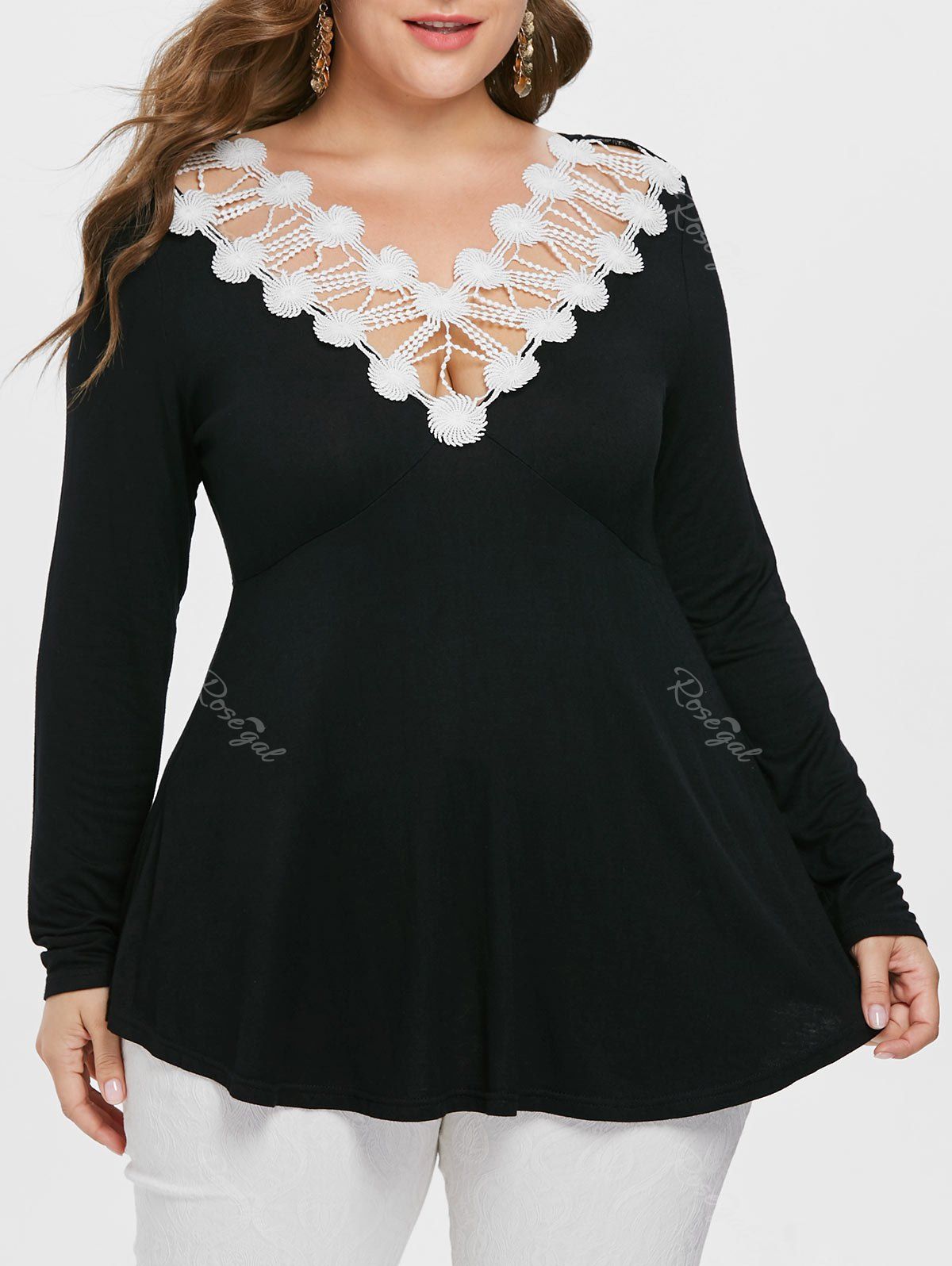 

Plus Size Lace Crochet Trim V Neck T-shirt, Black