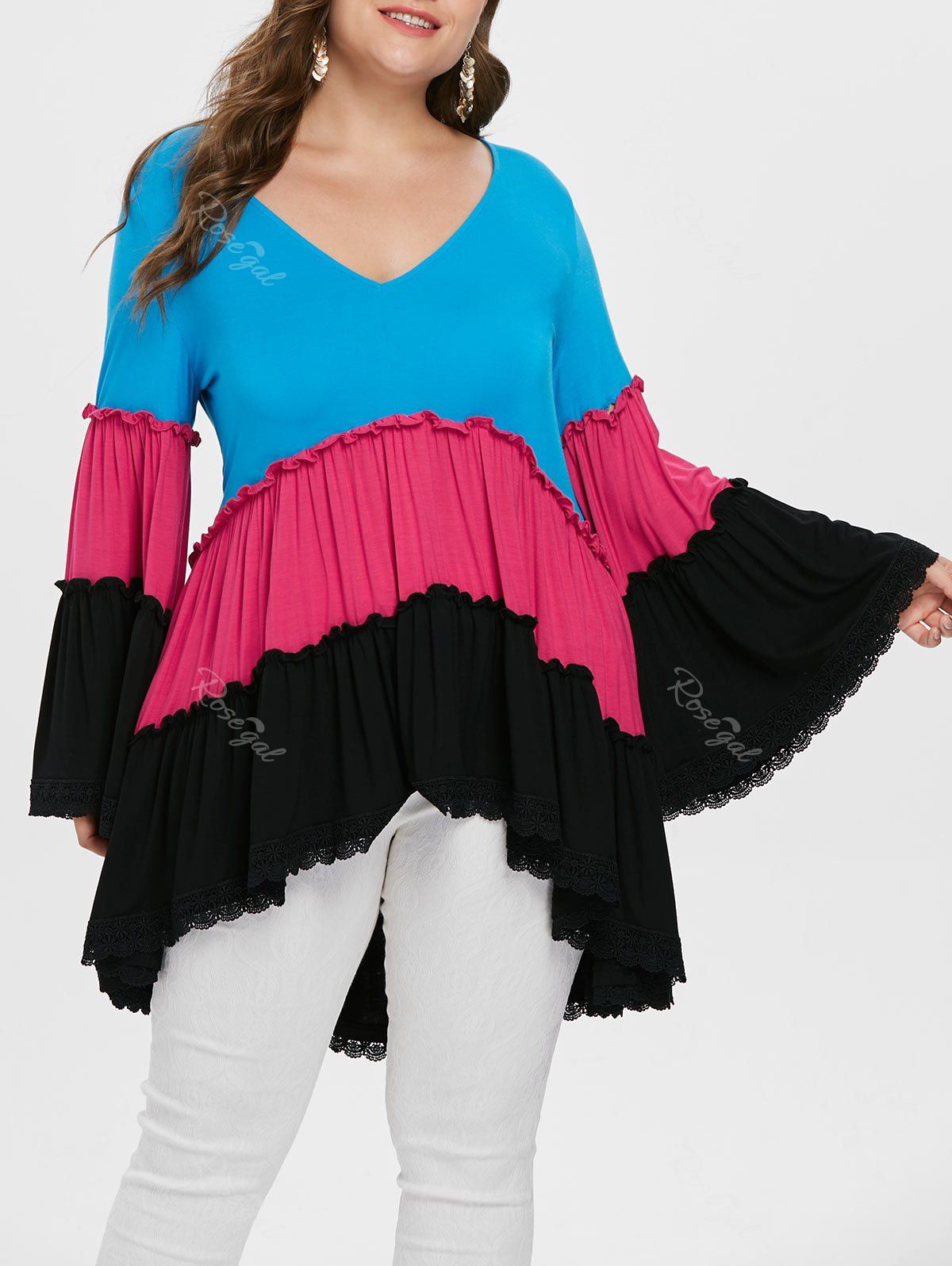 

Color Block Plus Size Lace Hem T-shirt, Multi