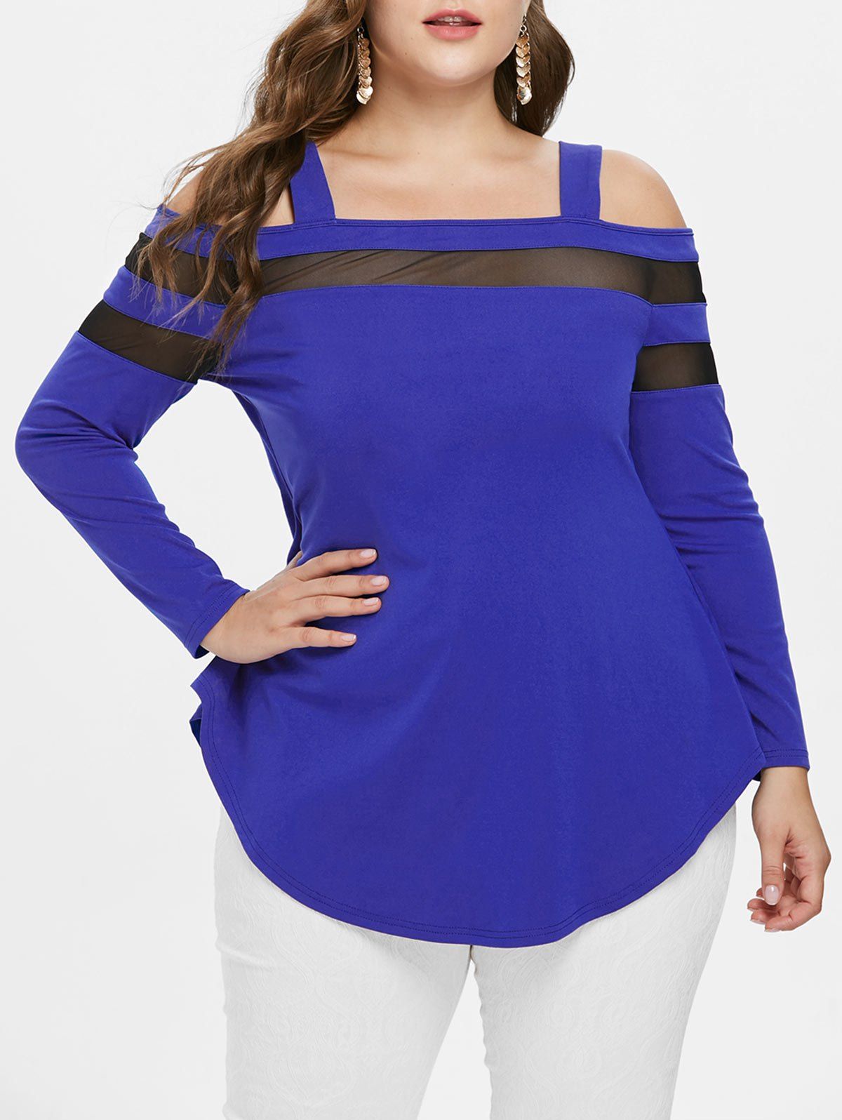 

Mesh Panel Plus Size Square Neck T-shirt, Cobalt blue