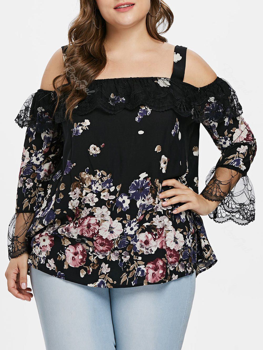 

Floral Print Plus Size Lace Panel Blouse, Black