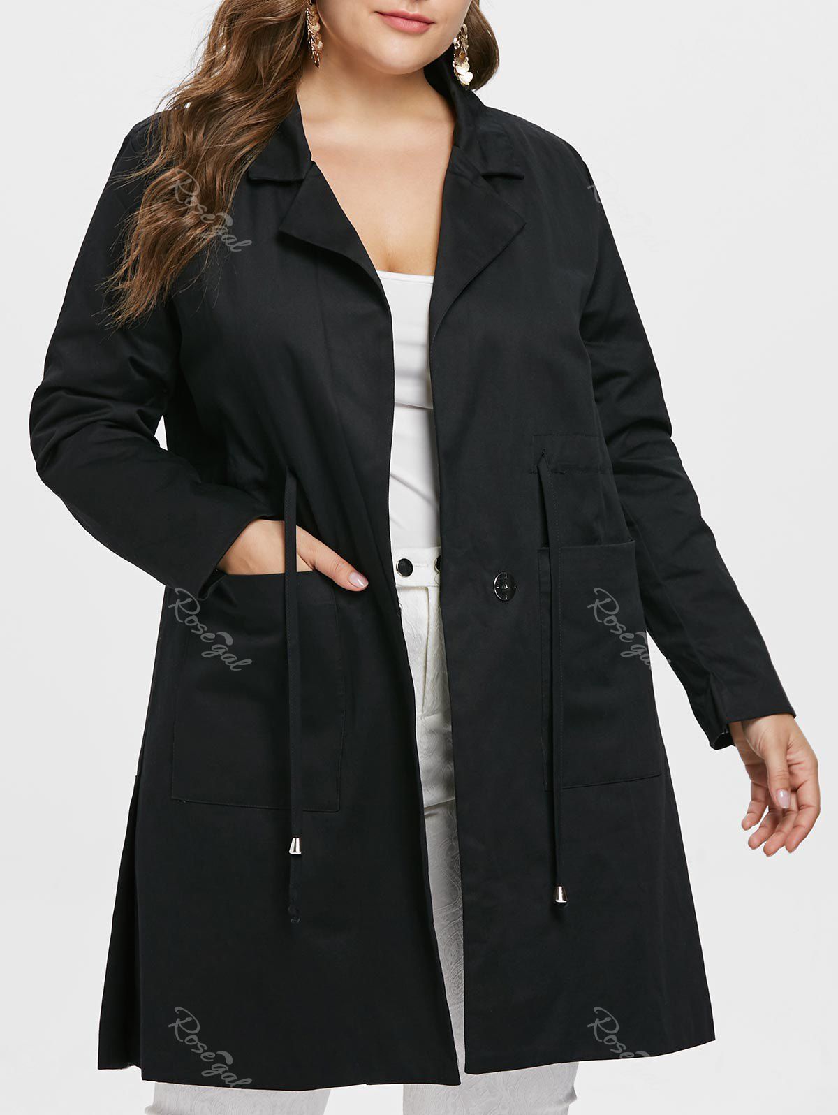 

Plus Size Elastic Waist Long Coat, Black