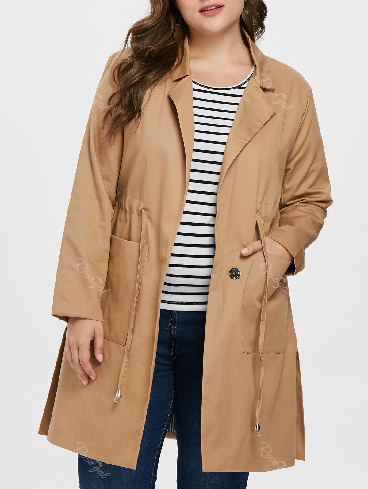 

Plus Size Elastic Waist Long Coat, Dark khaki