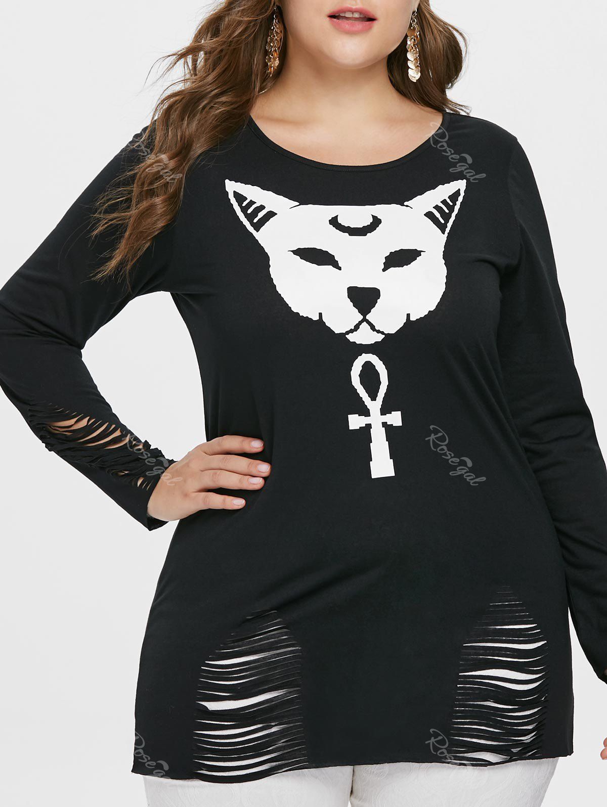 

Ripped Plus Size Pattern T-shirt, Black