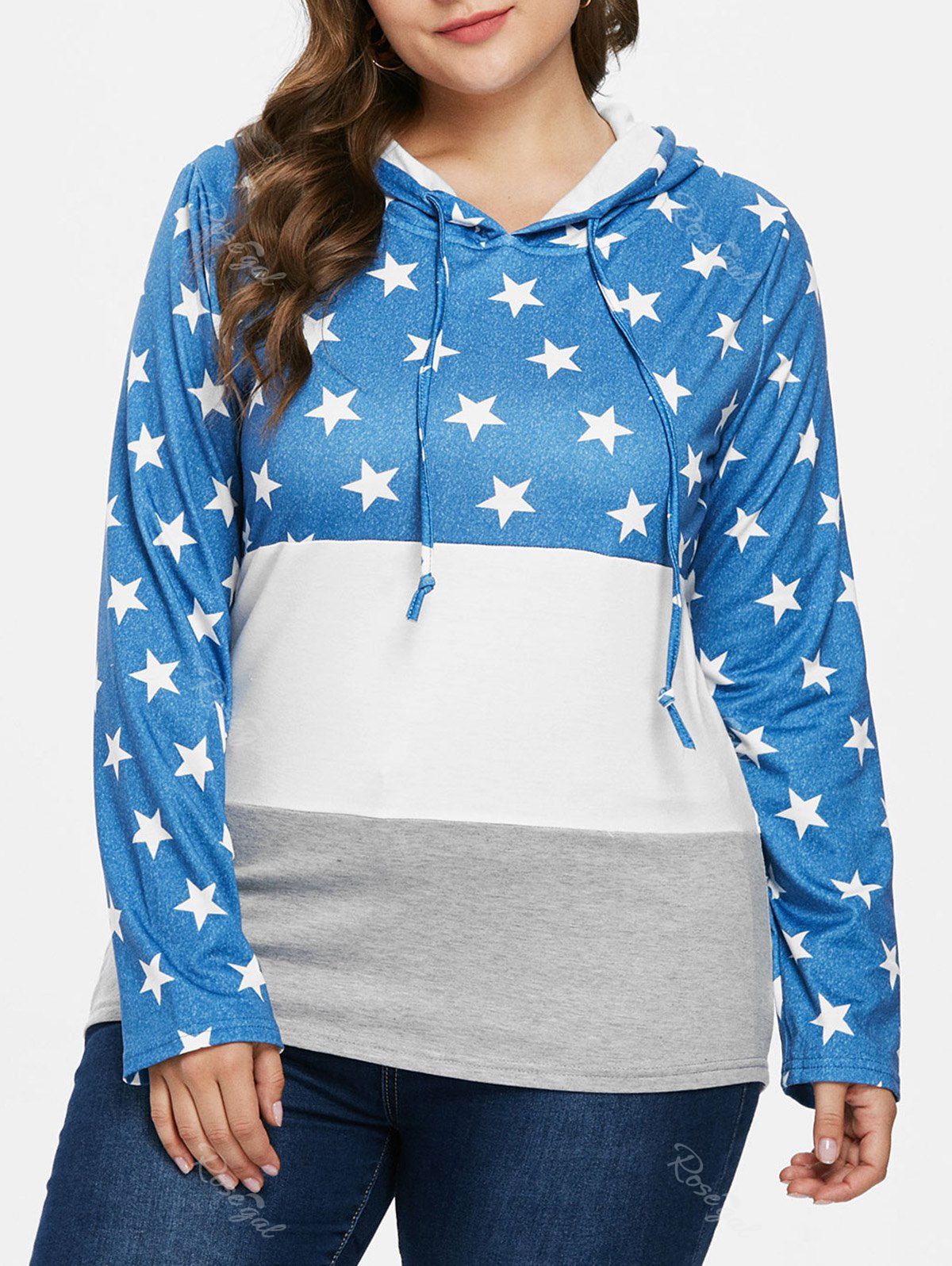 

Color Block Plus Size Star Pattern Hoodie, Deep sky blue