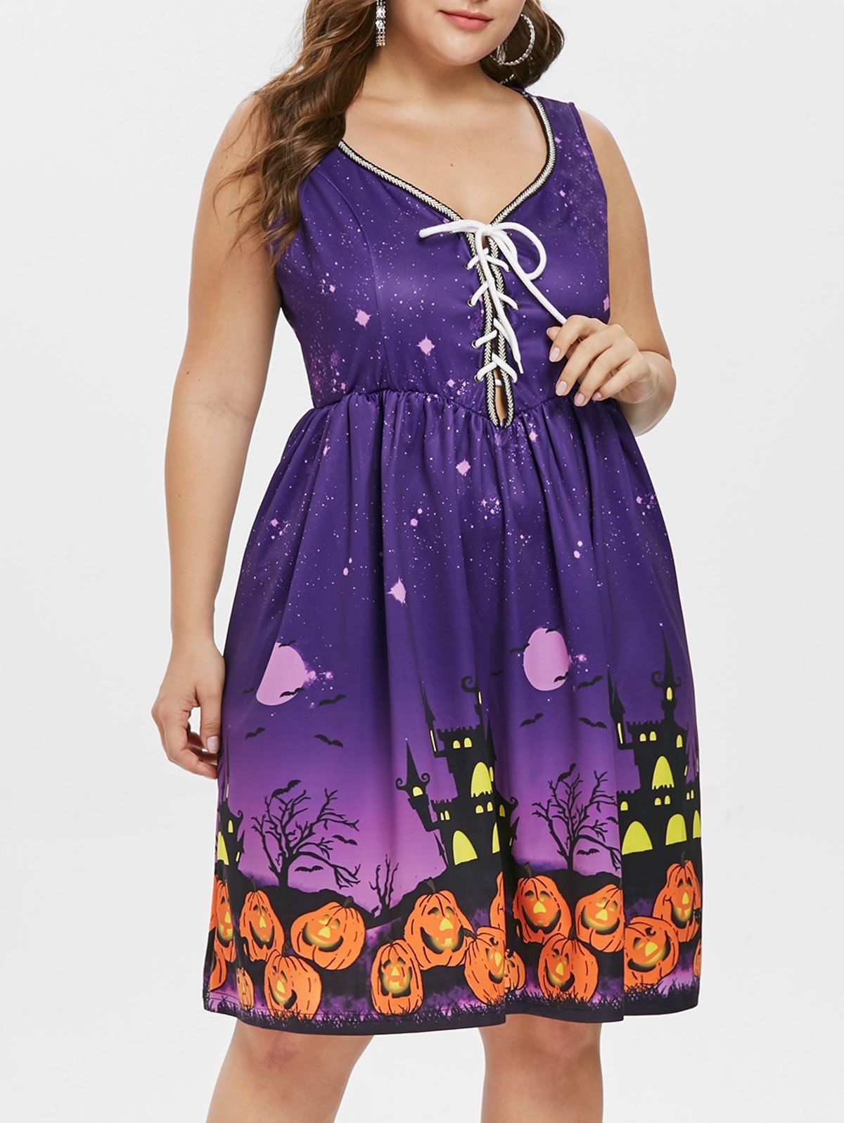 

Lace Up Plus Size Pumpkin Lantern Halloween A Line Dress, Purple