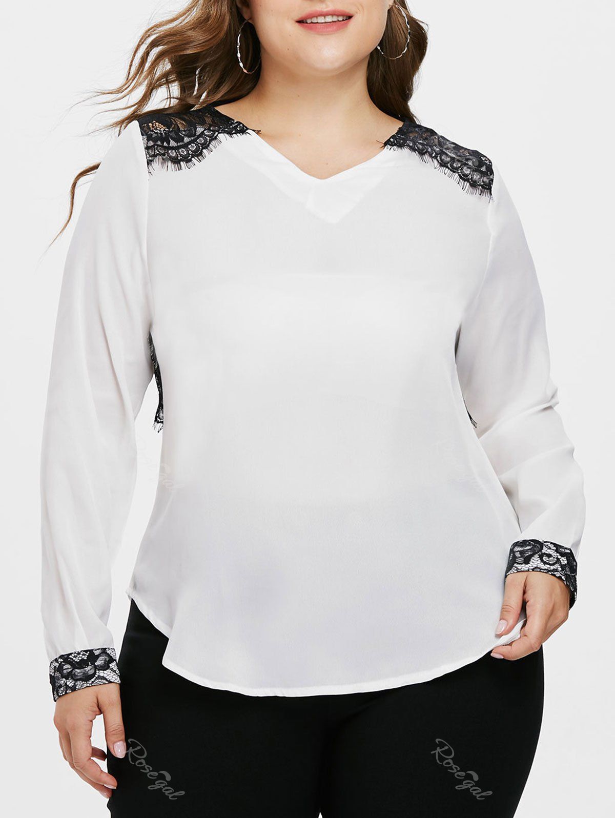 

Plus Size V Neck Lace Eyelash Blouse, White