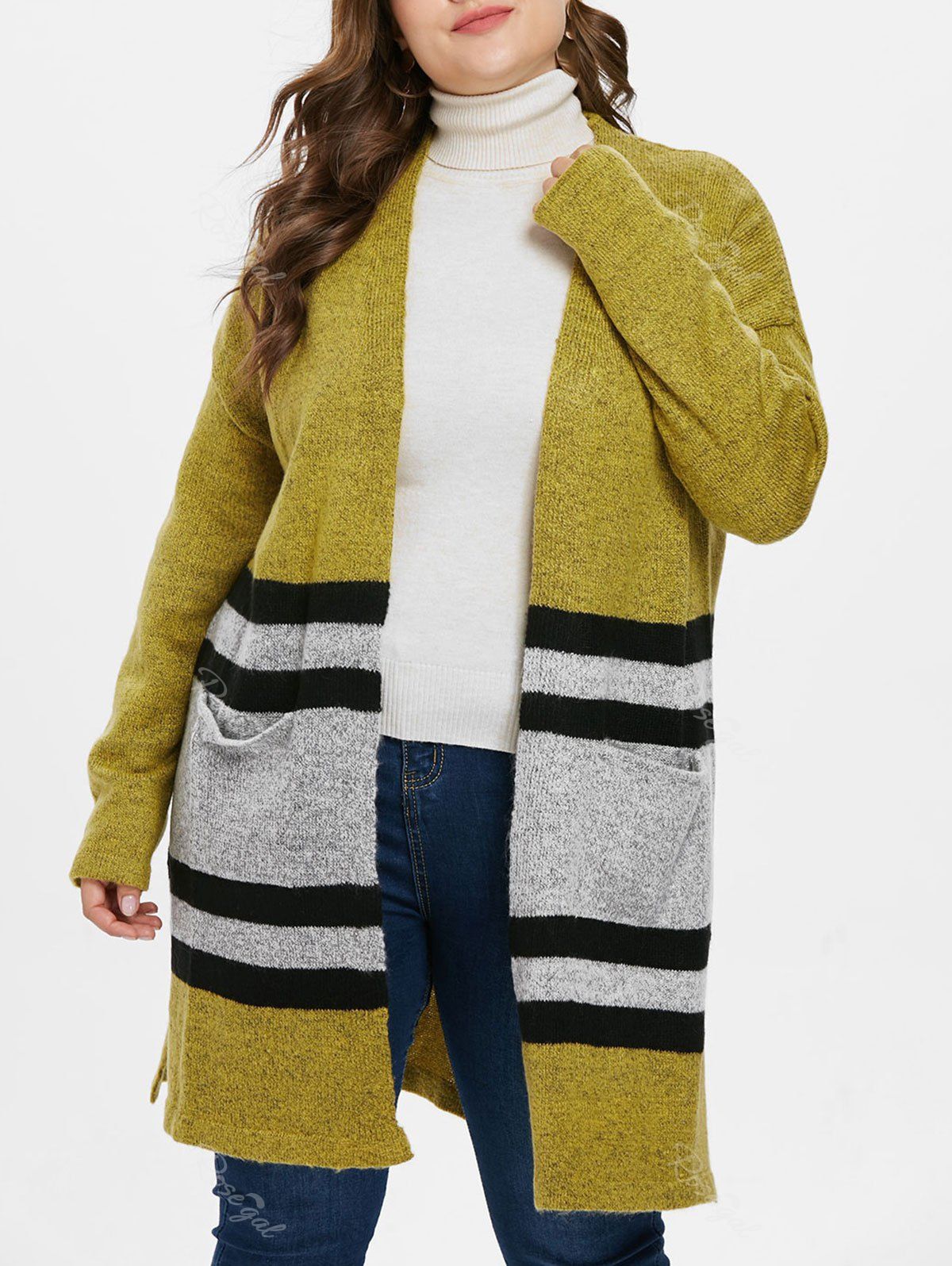 

Striped Panel Plus Size Collarless Cardigan, Green yellow