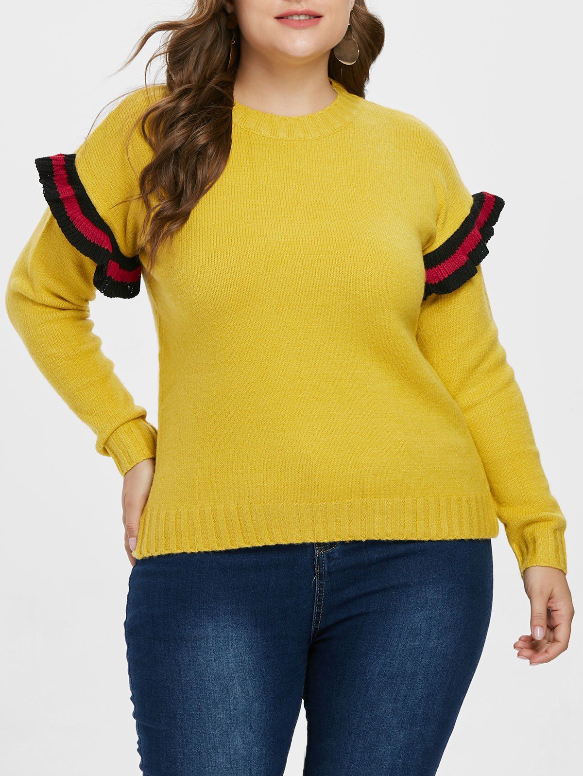 

Plus Size Ruffle Ribbed Panel Sweater, Yellow