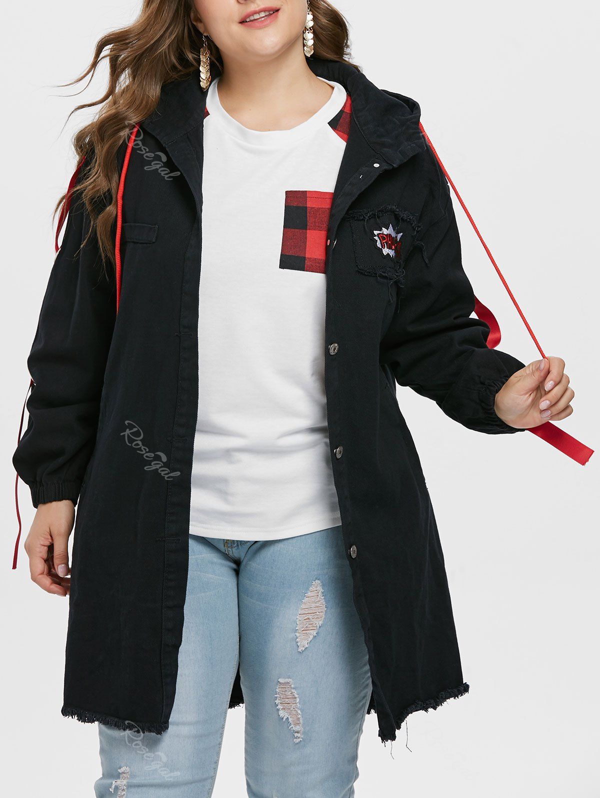 

Plus Size Drawstring Frayed Hem Coat, Black