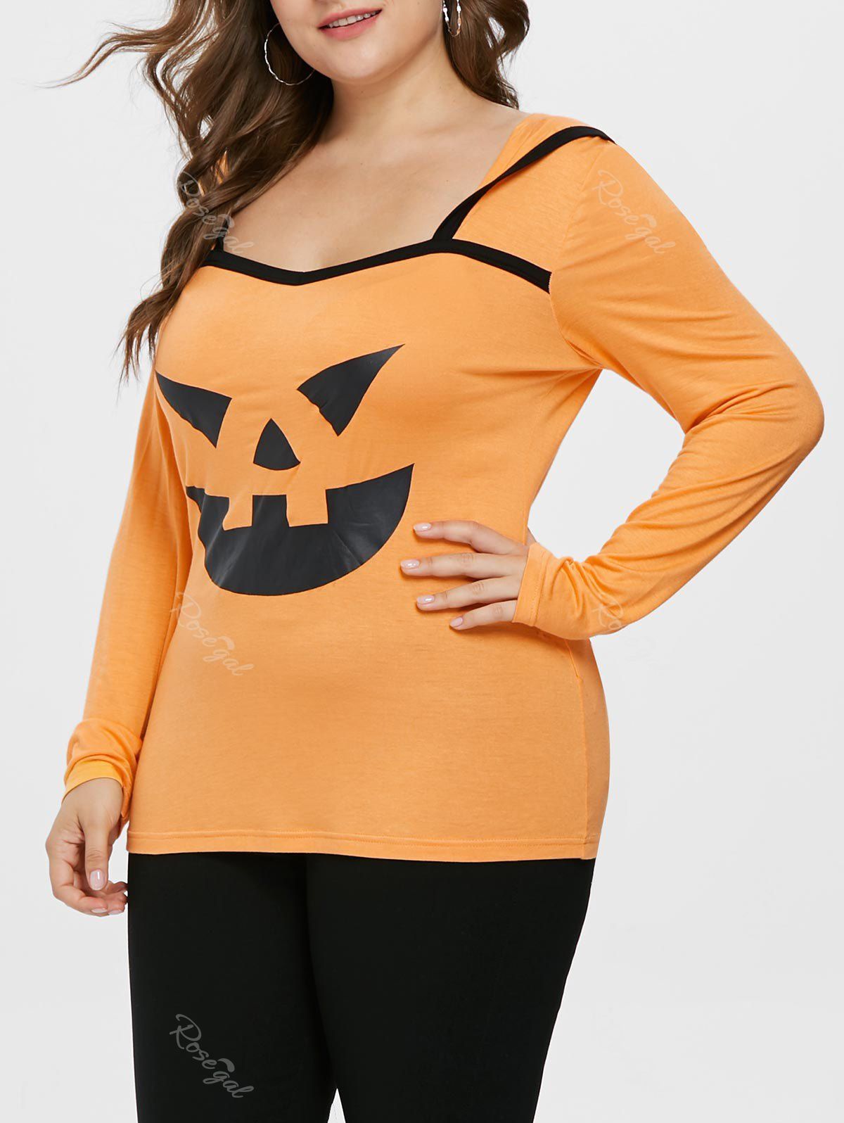 

Plus Size Halloween Pumpkin Lamp Hooded T-shirt, Orange
