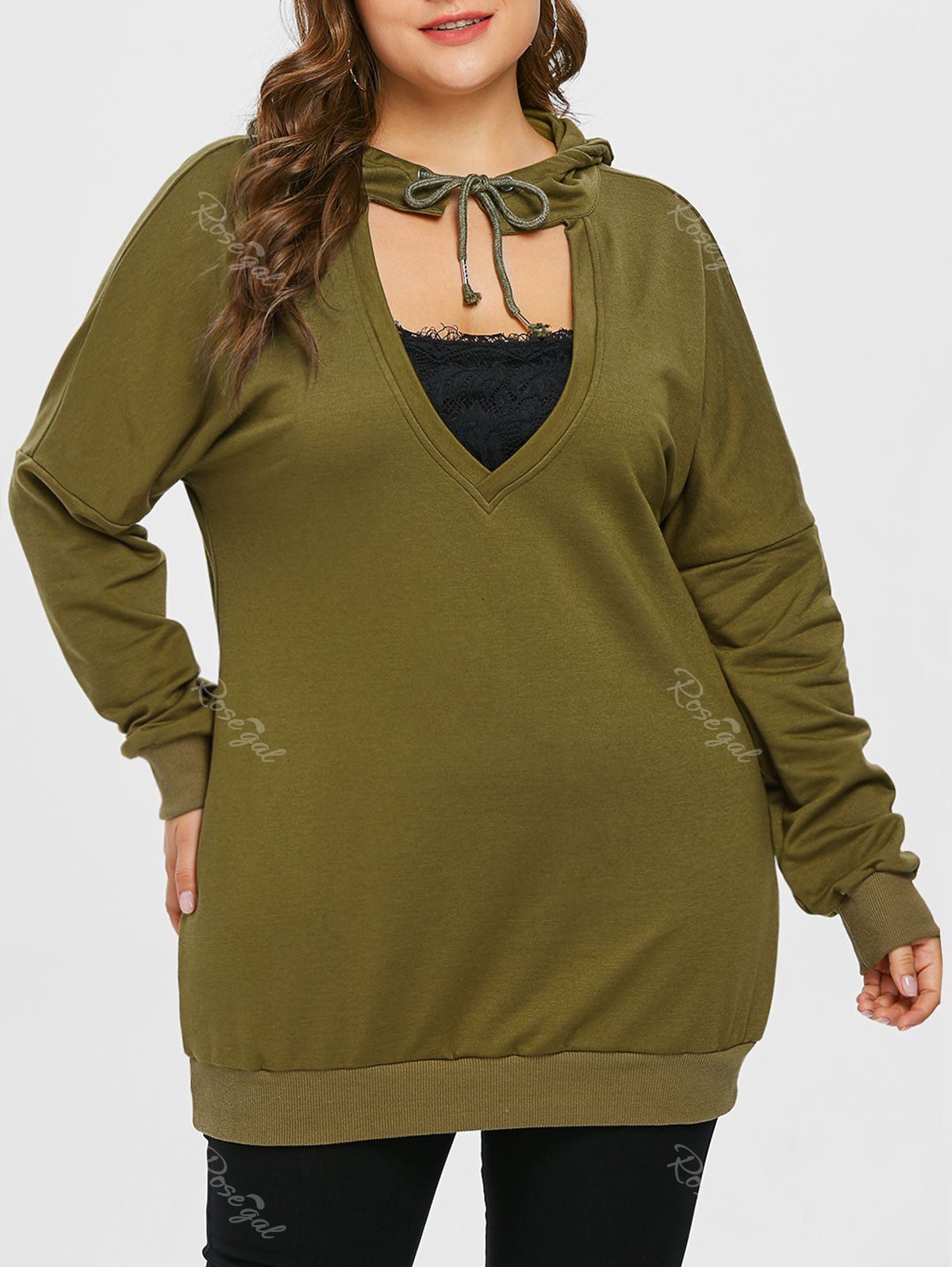 

Plus Size Patchwork Cut Out Hoodie, Army green