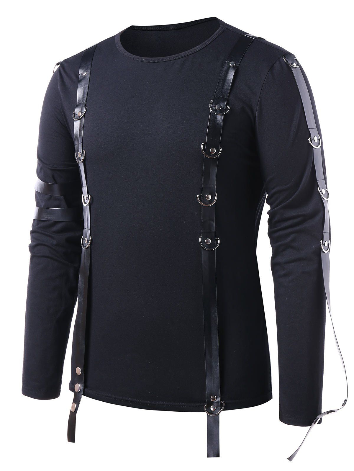 

PU Leather Strap Long Sleeve T-shirt, Black