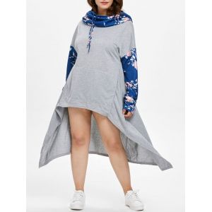 

Floral Print Sleeve Plus Size Drawstring High Low Dress, Blue