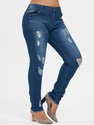 

Plus Size Ripped Frayed Hem Jeans, Denim dark blue